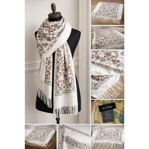 La Seine Floral Embroidered Fringe Scarf Wrap Shawl 72” x 28” Ivory